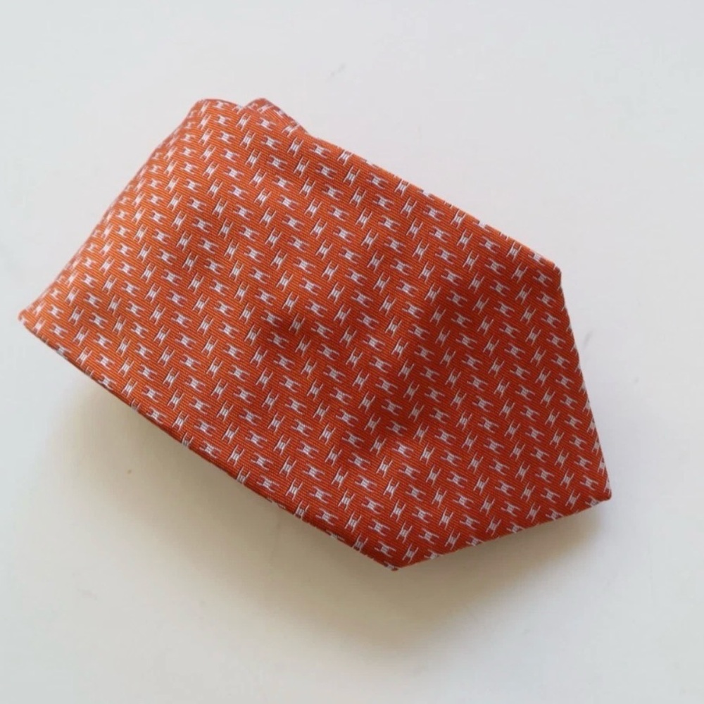 Hermes Orange Silk Tie with White Micro Pattern